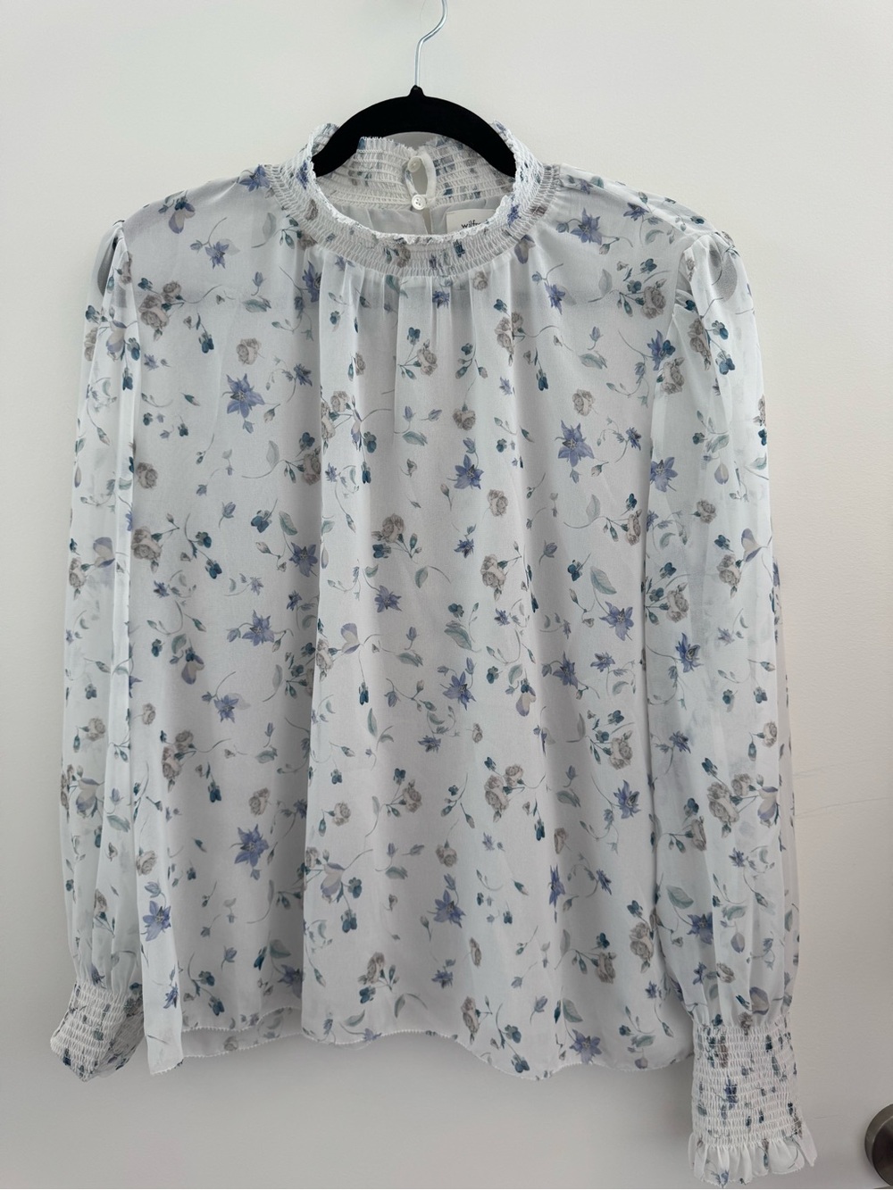 Wilfred Aritzia White Sheer Floral Smocked-Neck Blouse